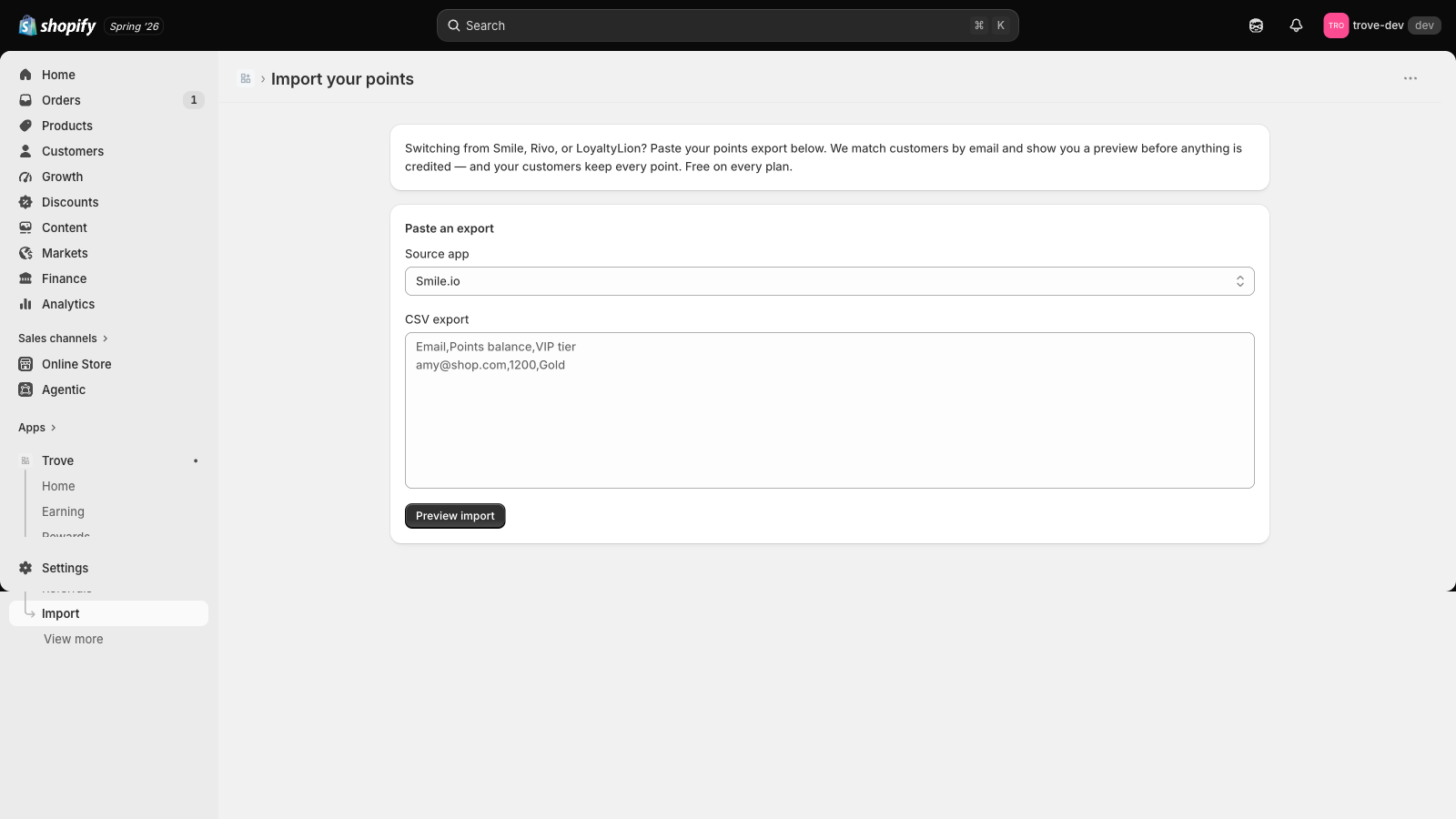 Kelby’s migration importer in the Shopify admin: choose the source app, paste the export, preview before committing